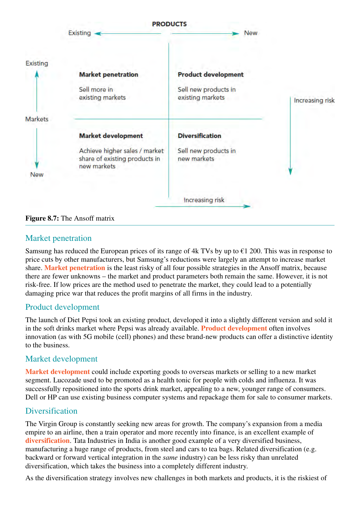 The Ansoff Matrix (from the coursebook, p197)